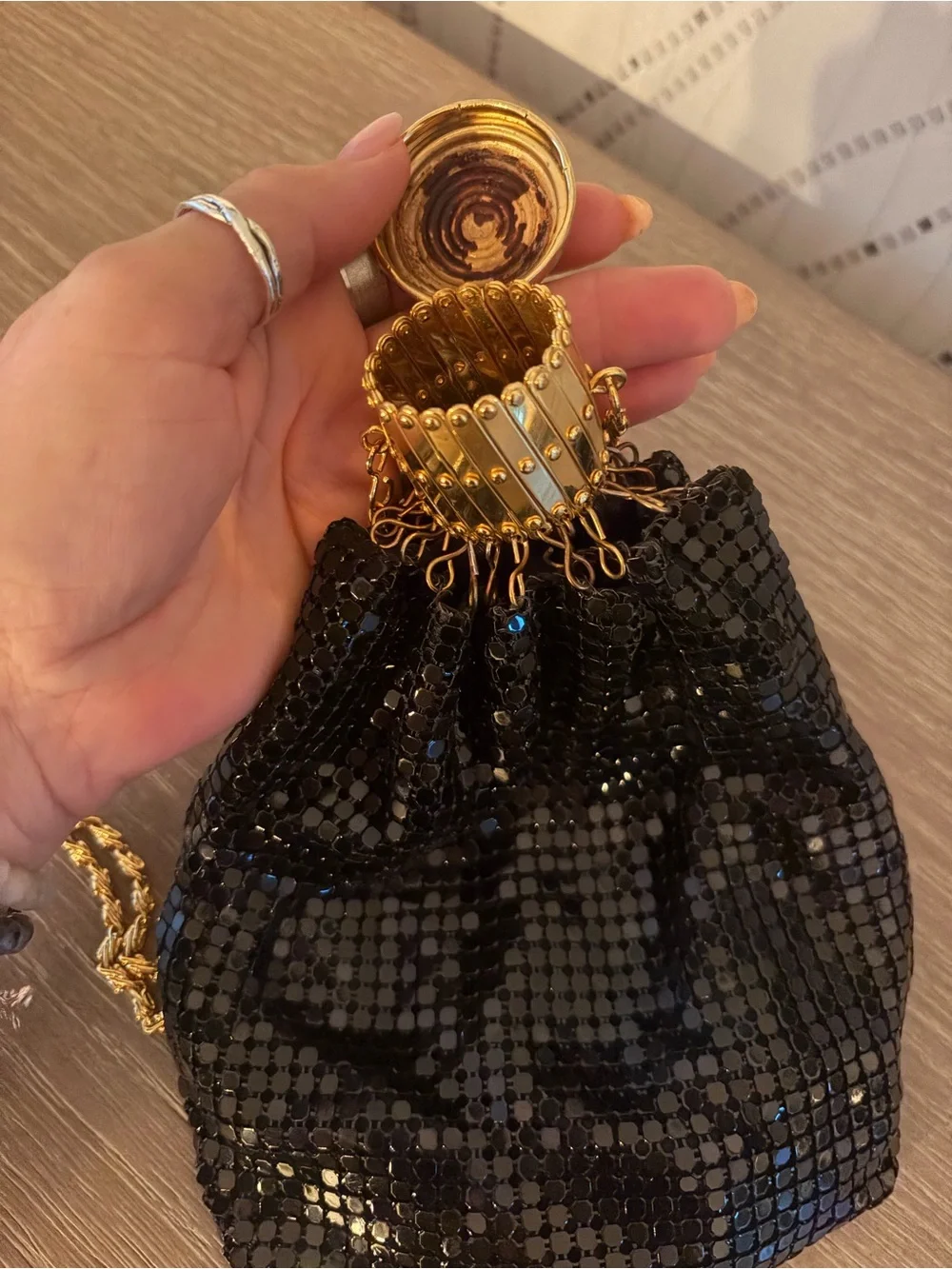 Vintage accordion-style black sequin gate-top handbag-clutch beggar’s/miser bag